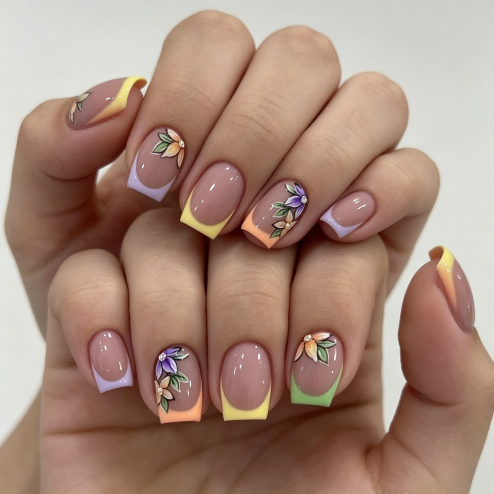 Press On Nail Set - 24 stuks roze bloemenprint Franse tip