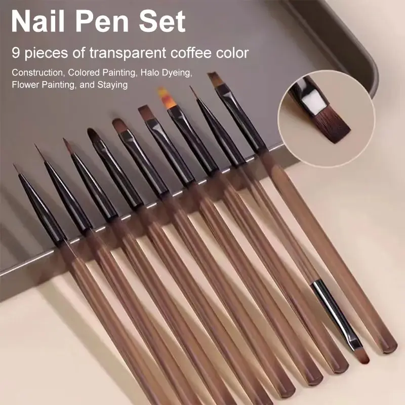 Nail Art Brush Set - 9-delige multi-head nagelkunst penseelset, amberkleurige houten