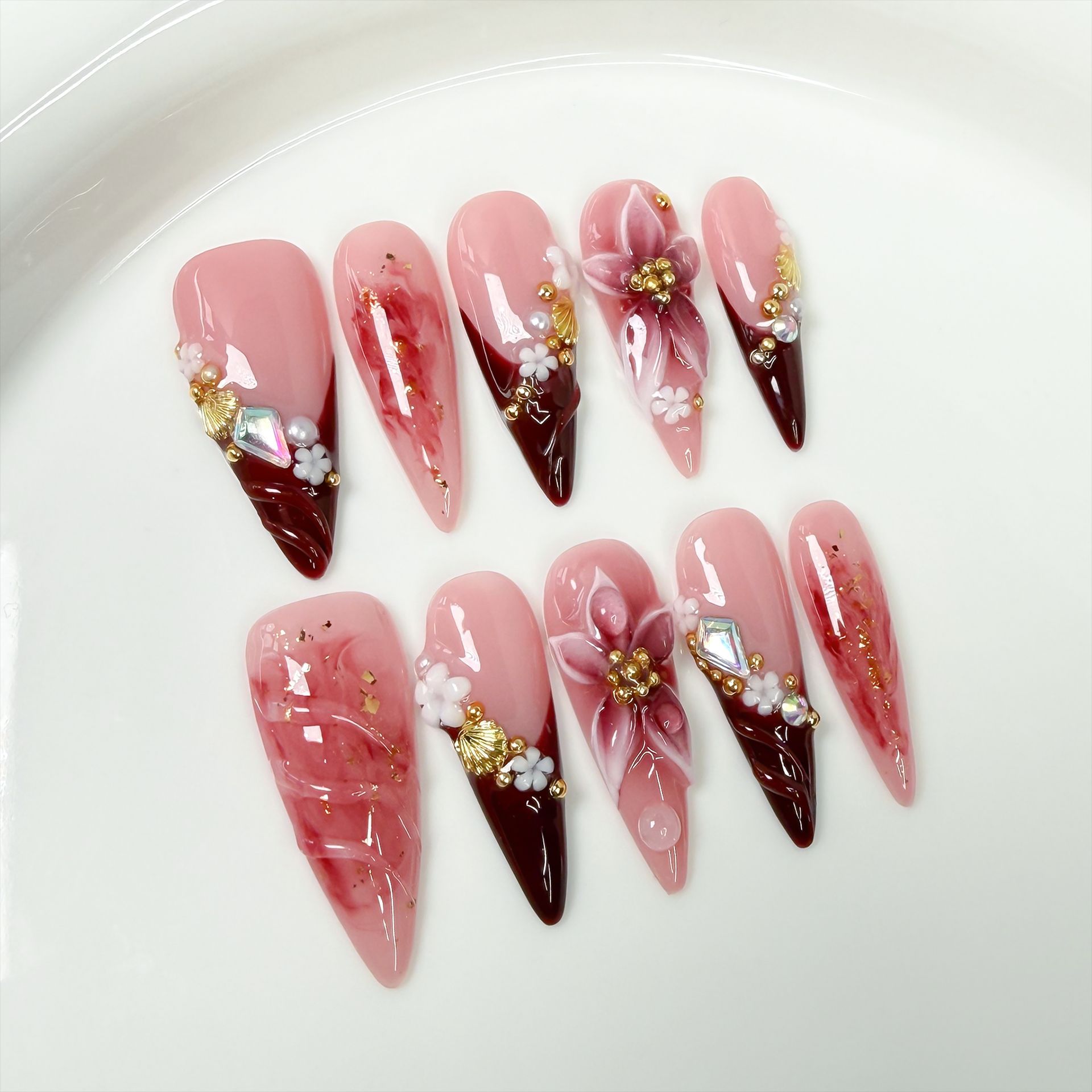 Nail Art Flower - 10 stuks retro lange stiletto nep