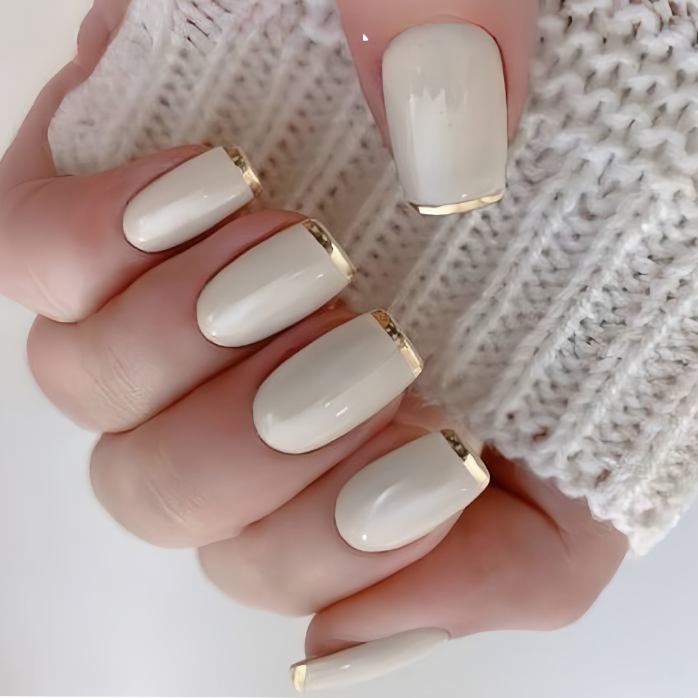 Press On Nail Set - Medium nepnagels voor vrouwen, beige crèmewitte