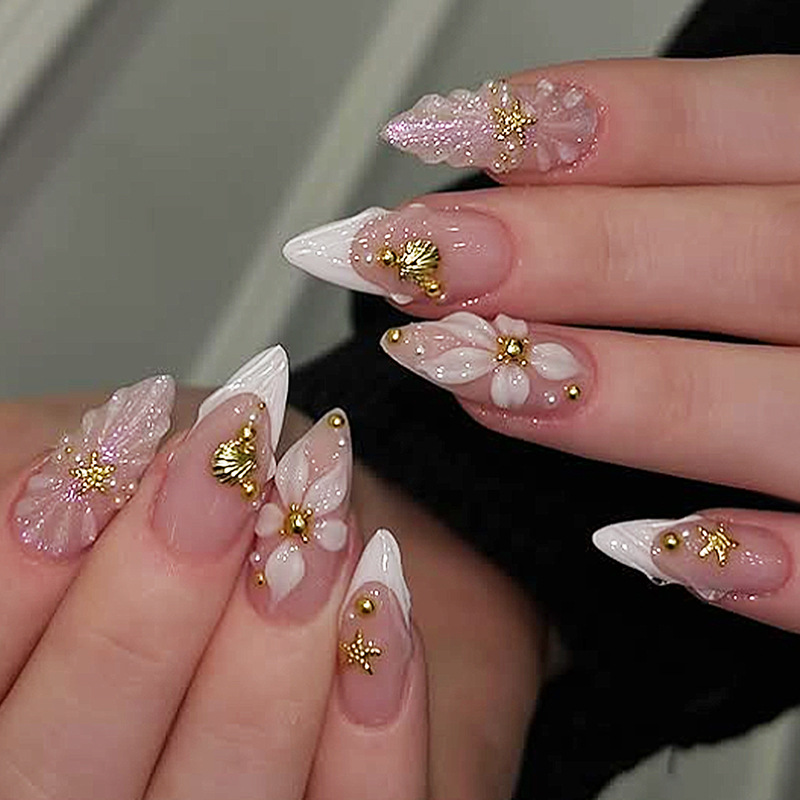 Nail Art Flower - 24 stuks afgewerkte amandelvormige opzetnagels, herbruikbaar,